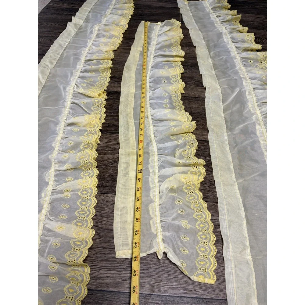 Yellow Ruffled Sheer Window Curtains‎ Set Valances Swags Embroidered Country